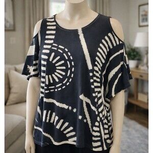 Jess & Jane Black Artsy Abstract Metallic Sequin Short Sleeve Shirt Size XL USA